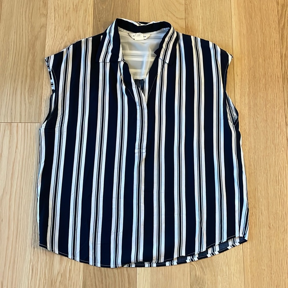 Club Monaco Navy and White Striped Sleeveless Shirt